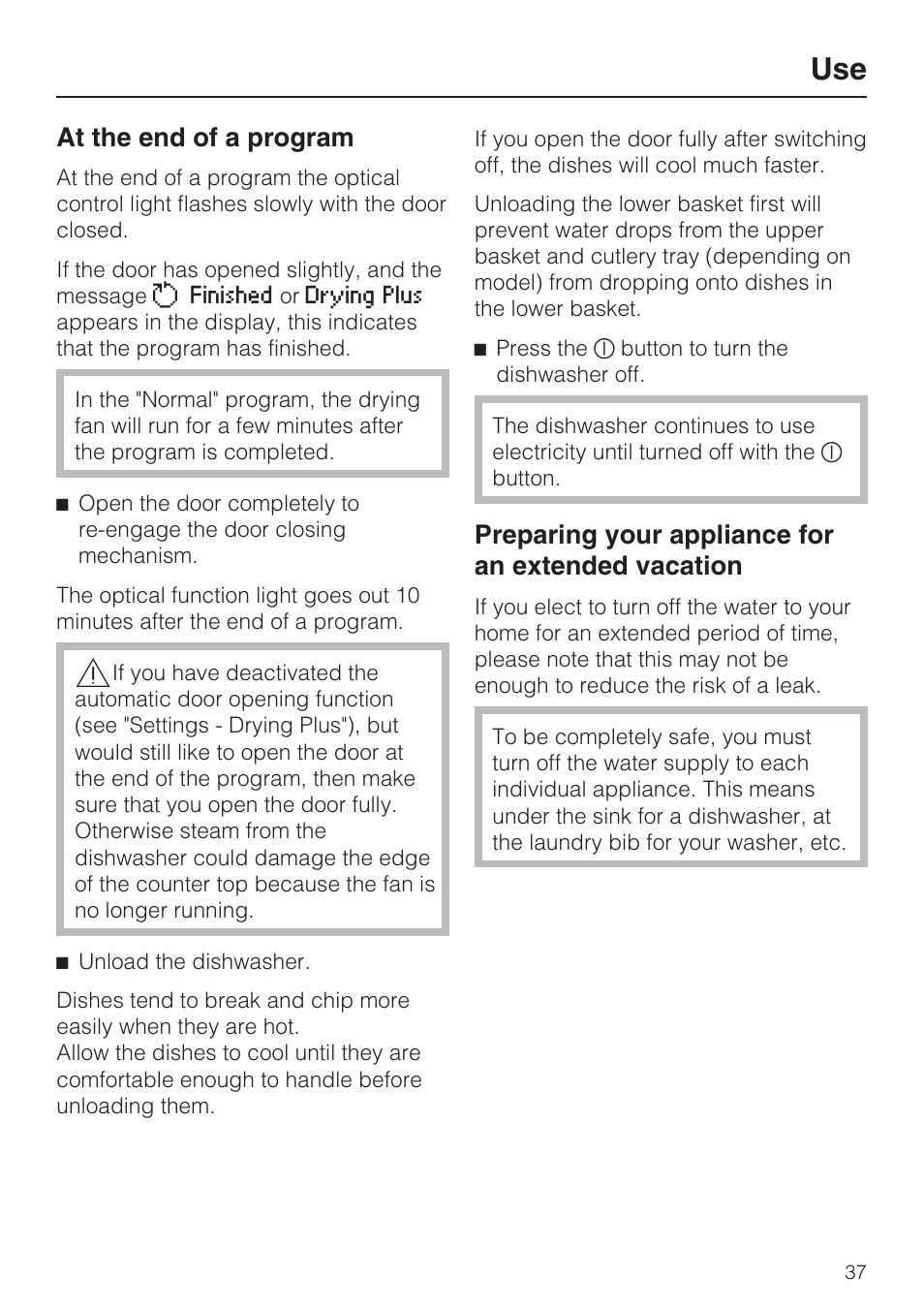 At the end of a program 37, At the end of a program, Preparing your appliance for an extended vacation | Miele G 5775 User Manual | Page 37 / 72