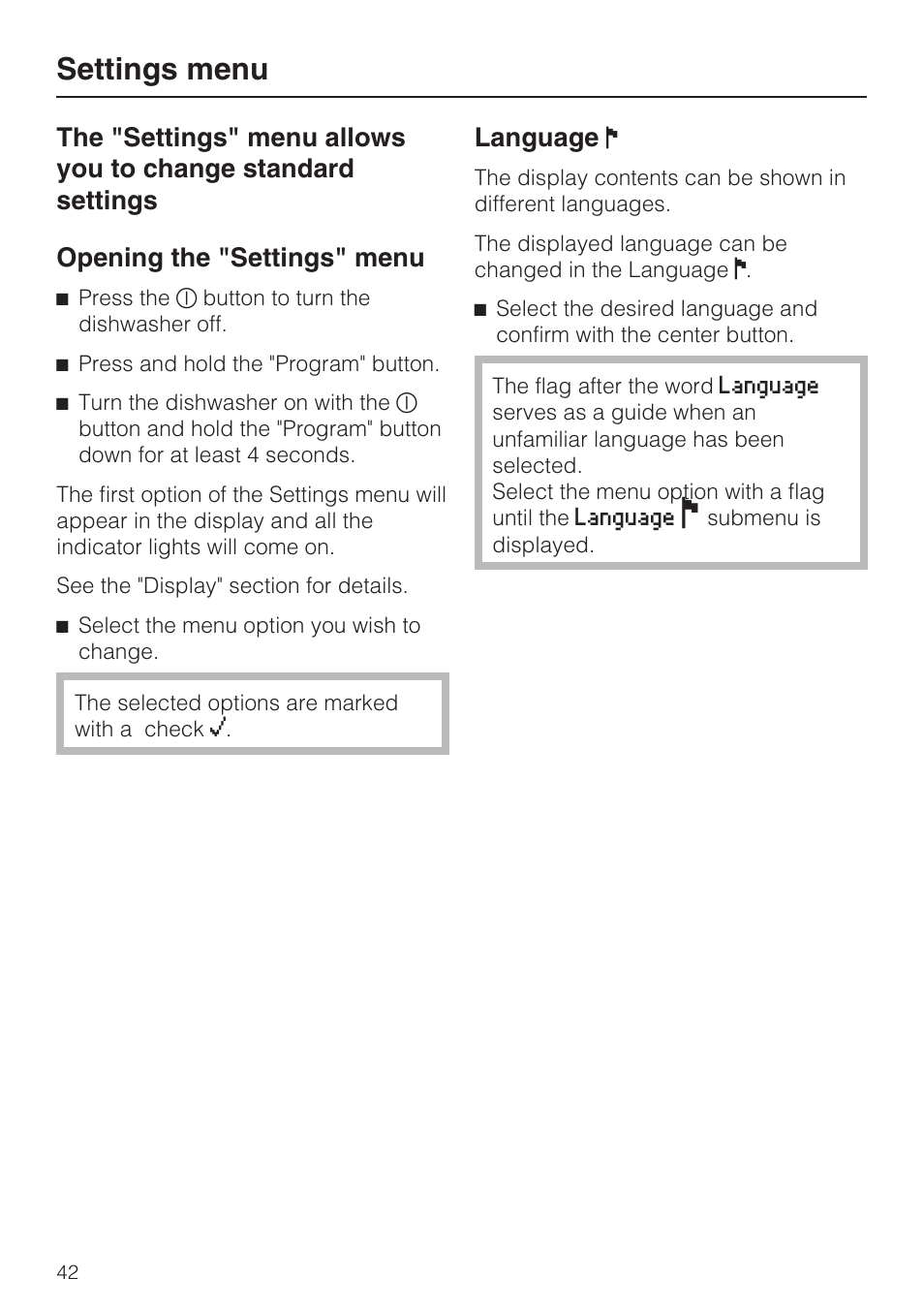 Settings menu 42, Opening the "settings" menu 42, Settings menu | Language | Miele G 5775 User Manual | Page 42 / 72