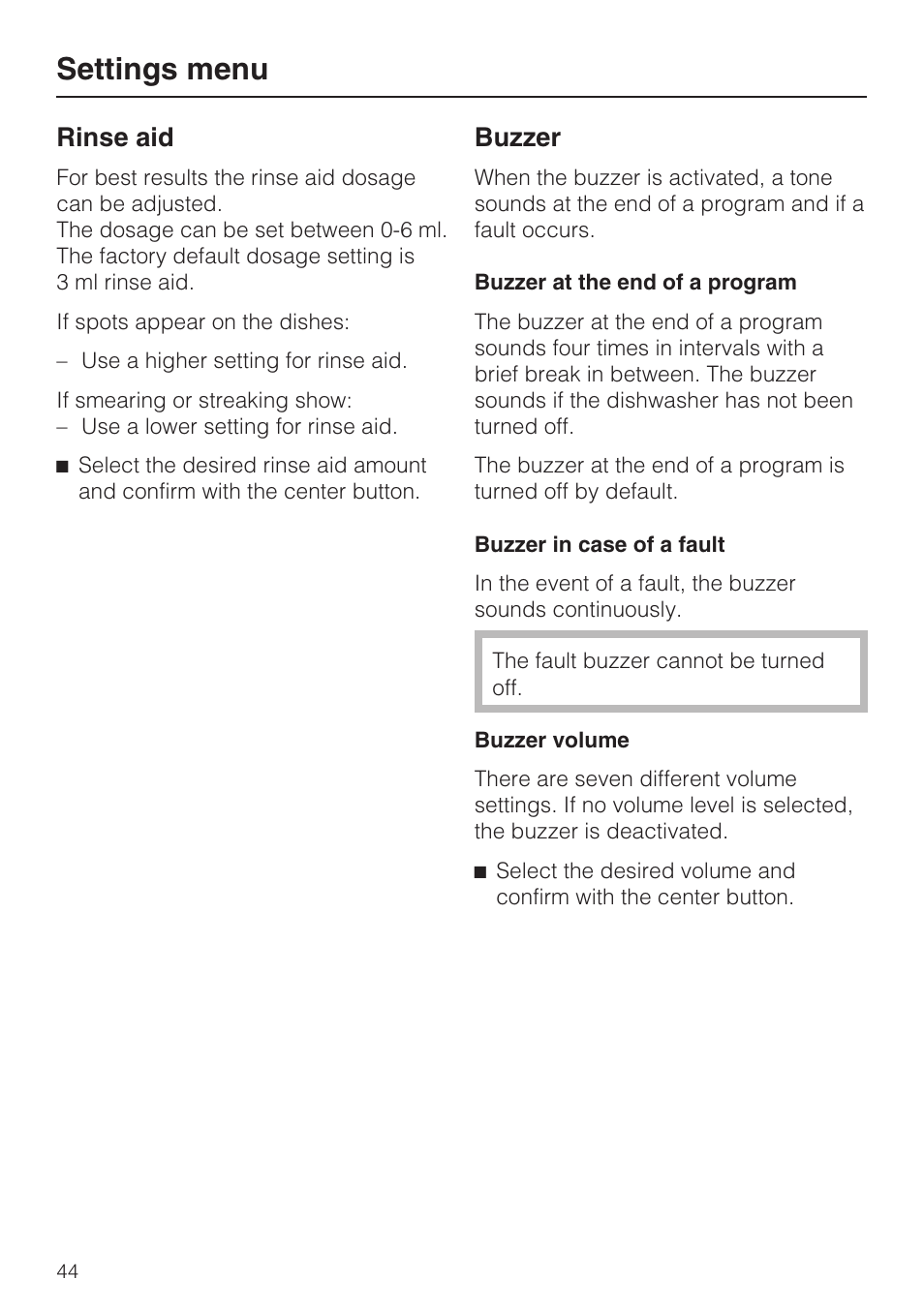 Buzzer 44, Settings menu, Rinse aid | Buzzer | Miele G 5775 User Manual | Page 44 / 72