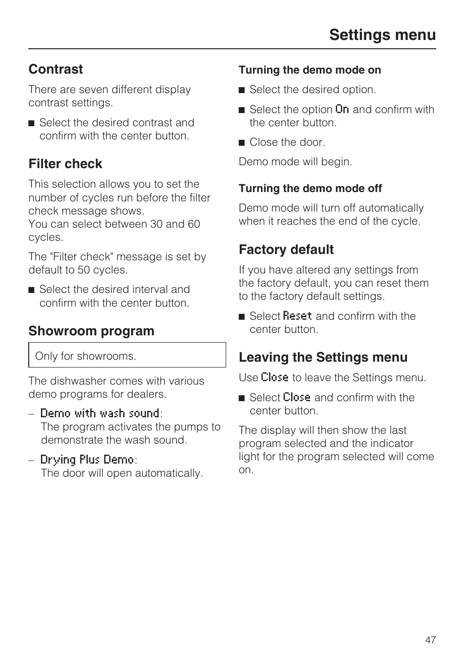 Factory default 47, Leaving the settings menu 47, Settings menu | Contrast, Filter check, Showroom program, Factory default, Leaving the settings menu | Miele G 5775 User Manual | Page 47 / 72