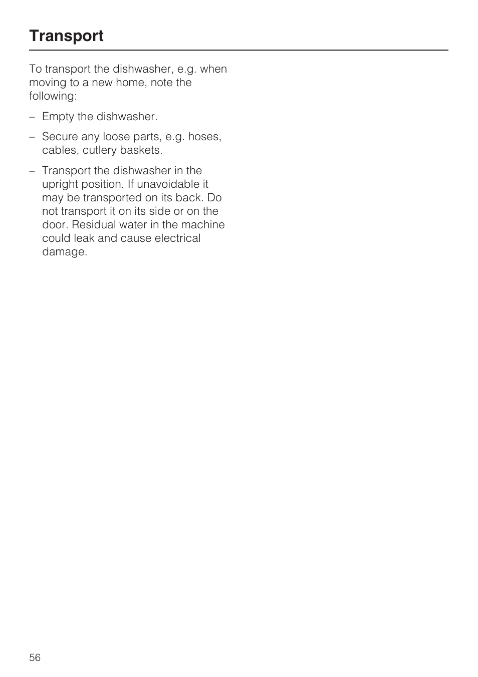Transport 56, Transport | Miele G 5775 User Manual | Page 56 / 72