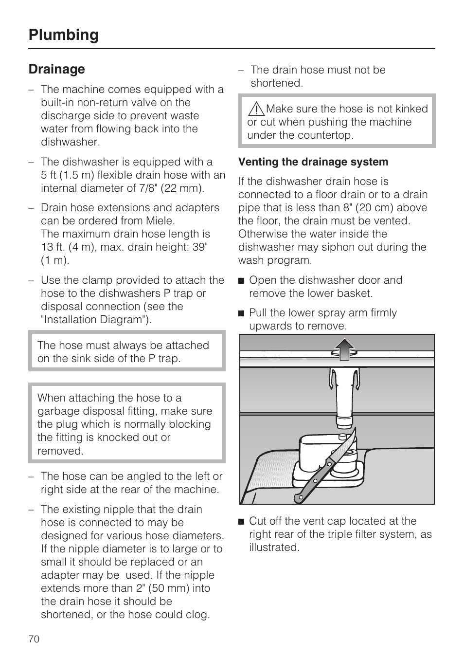 Drainage 70, Plumbing, Drainage | Miele G 5775 User Manual | Page 70 / 72