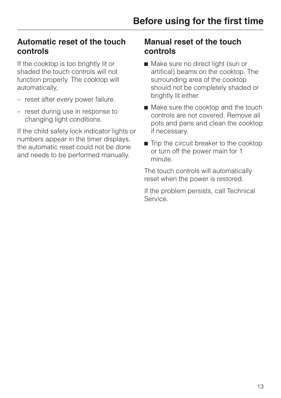 Automatic reset of the touch controls 13, Manual reset of the touch controls 13, Before using for the first time | Automatic reset of the touch controls, Manual reset of the touch controls | Miele KM 452 User Manual | Page 13 / 32