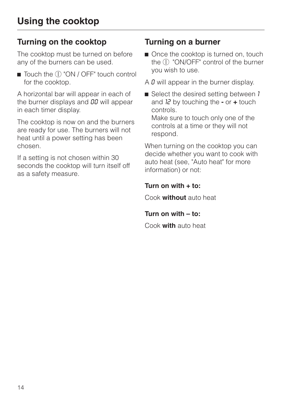 Using the cooktop 14, Turning on the cooktop 14, Turning on a burner 14 | Using the cooktop, Turning on the cooktop turning on a burner, Turning on the cooktop, Turning on a burner | Miele KM 452 User Manual | Page 14 / 32