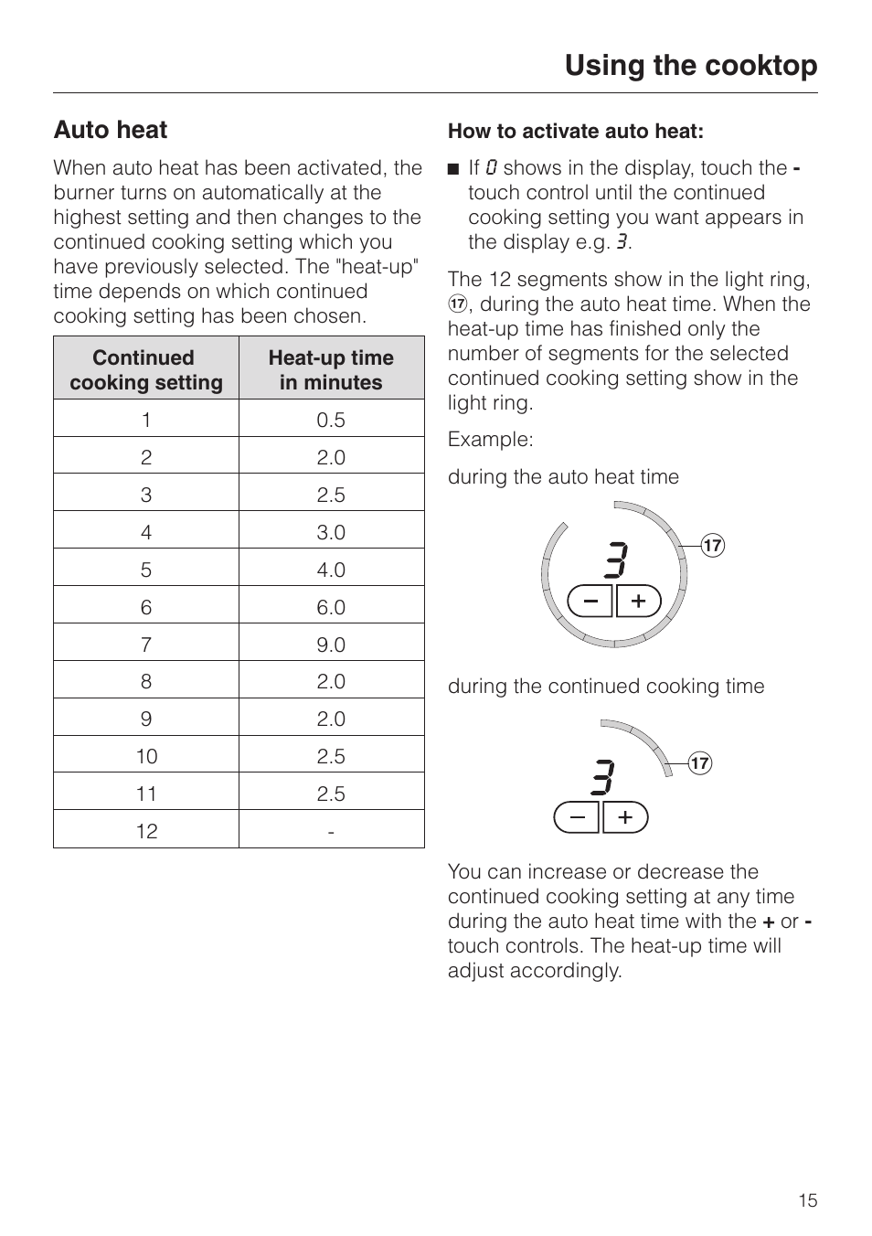 Auto heat 15, Auto heat, Using the cooktop | Miele KM 452 User Manual | Page 15 / 32