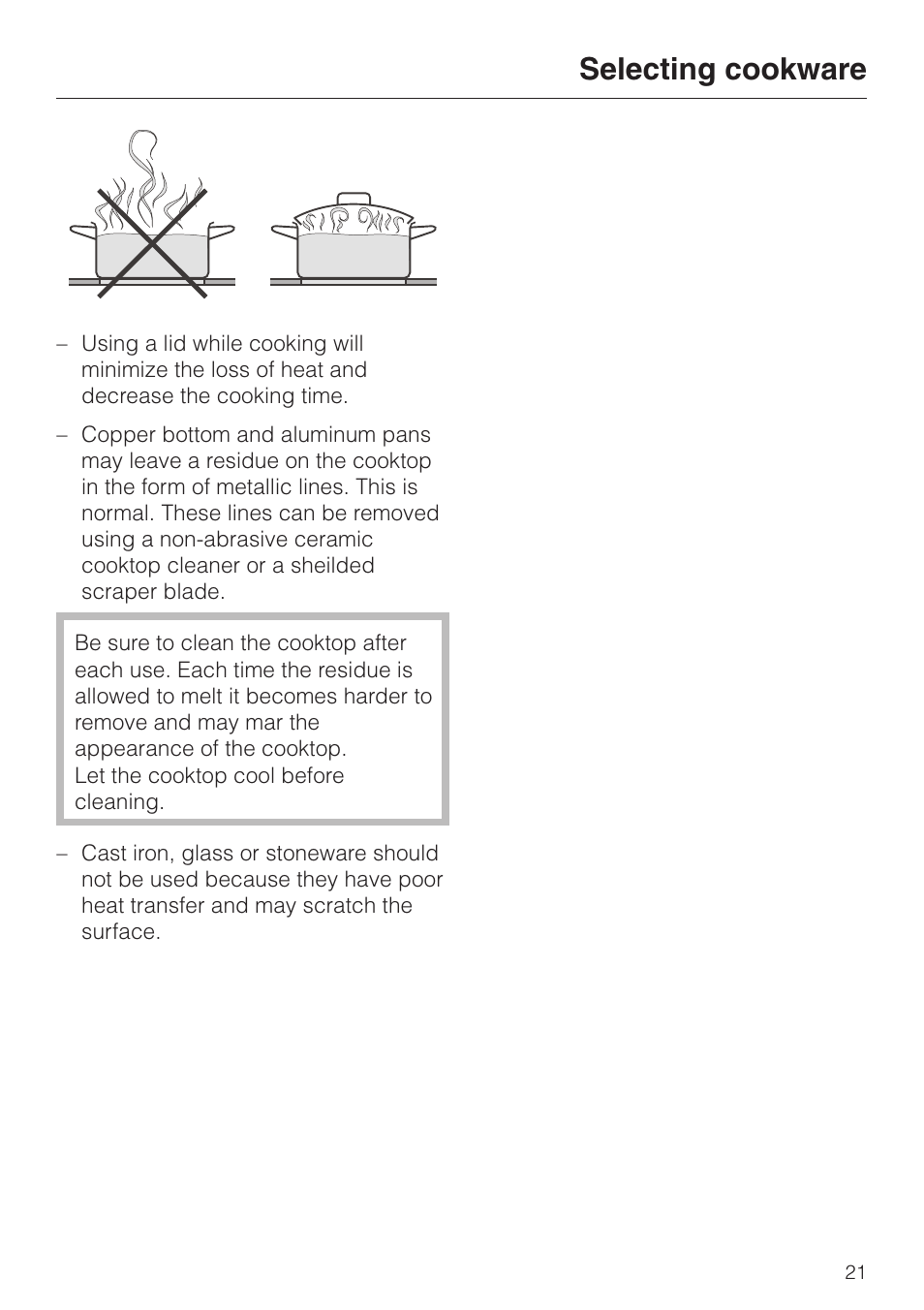 Selecting cookware | Miele KM 452 User Manual | Page 21 / 32