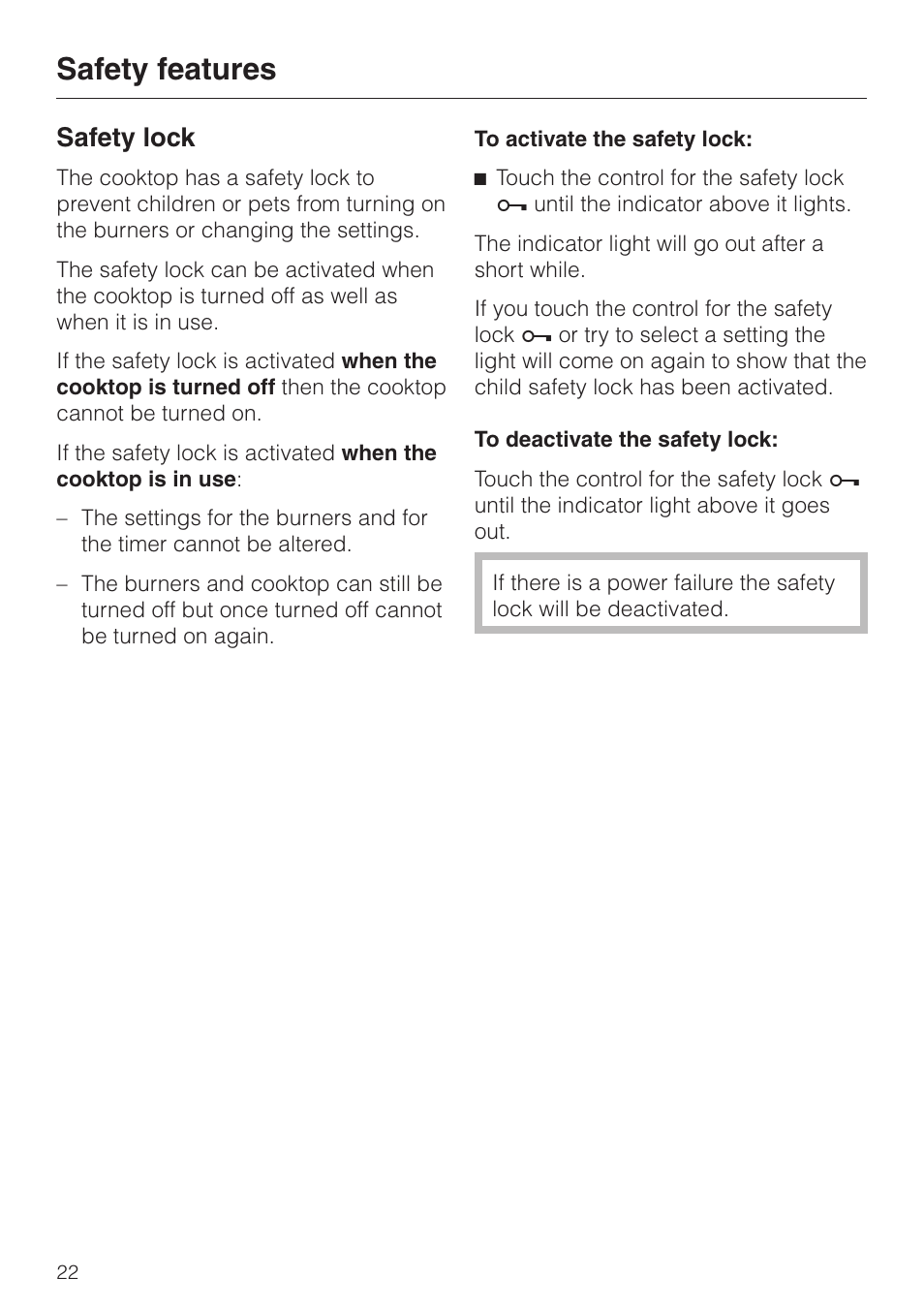 Safety features 22, Safety lock 22, Safety features | Safety lock | Miele KM 452 User Manual | Page 22 / 32