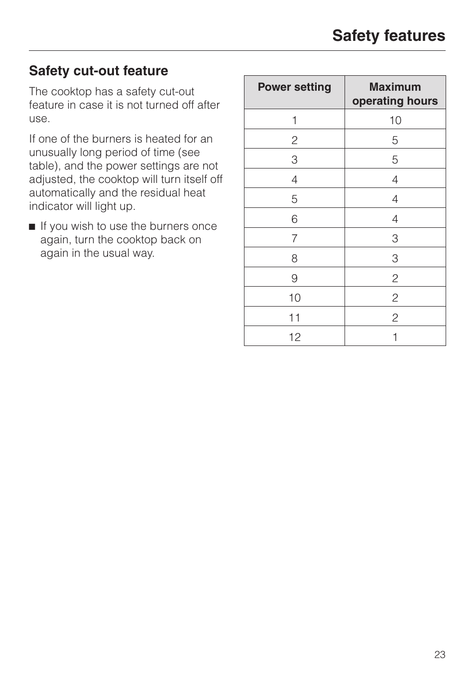 Safety cut-out feature 23, Safety cut-out feature, Safety features | Miele KM 452 User Manual | Page 23 / 32