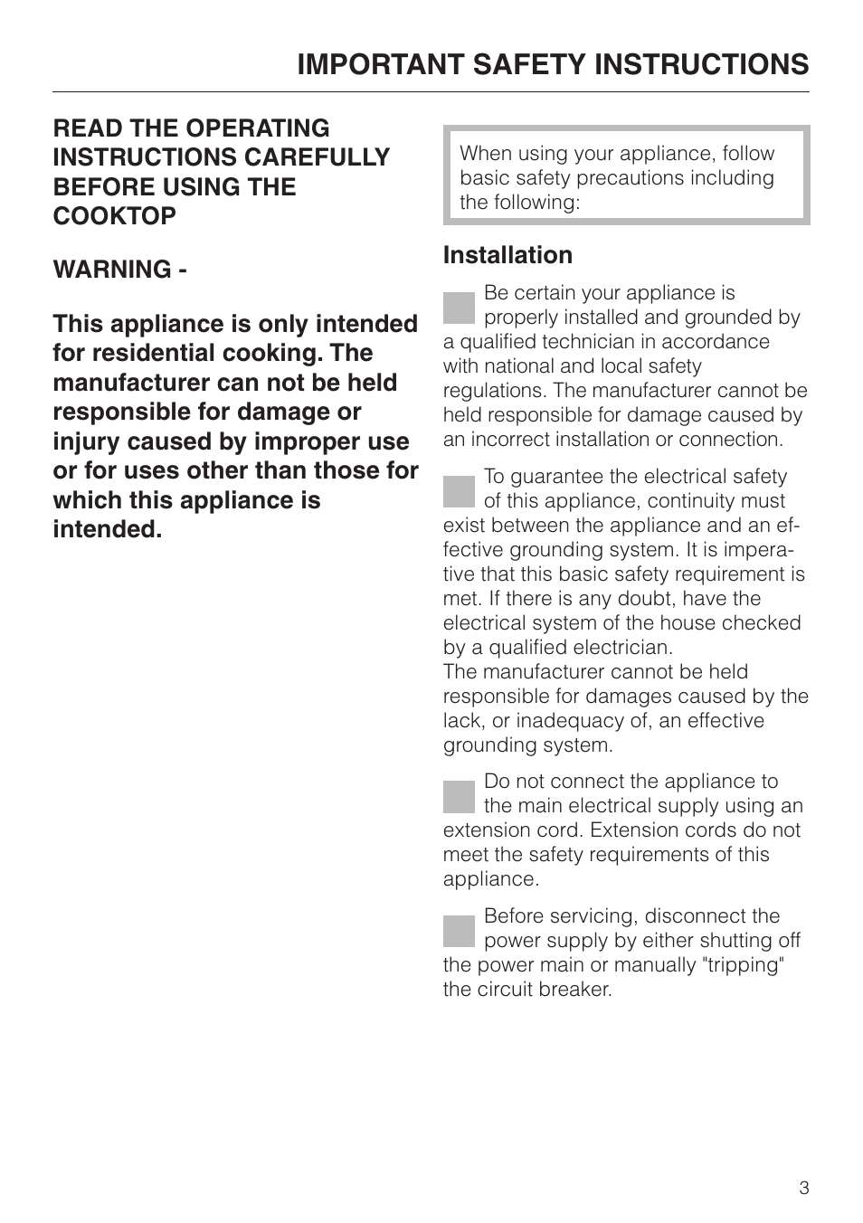Important safety instructions 3, Important safety instructions | Miele KM 452 User Manual | Page 3 / 32