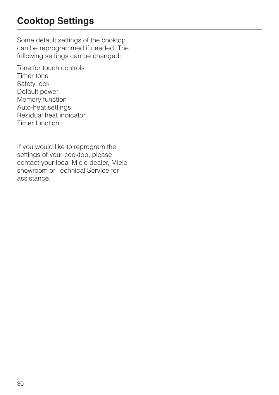 Cooktop settings 30, Cooktop settings | Miele KM 452 User Manual | Page 30 / 32
