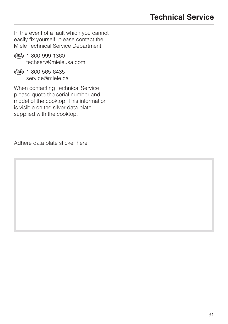 Technical service 31, Technical service | Miele KM 452 User Manual | Page 31 / 32