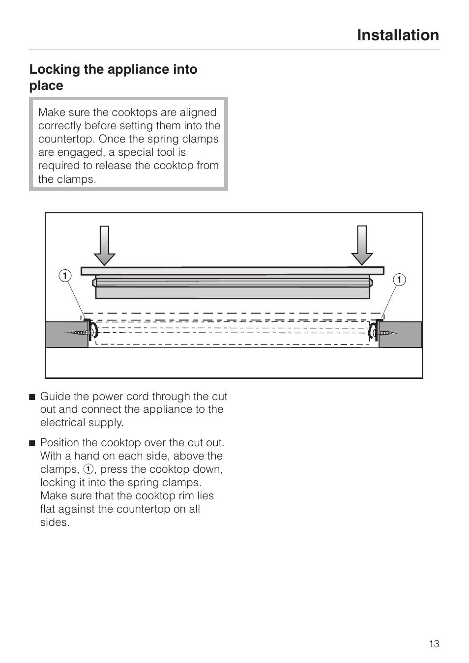 Locking the appliance into place 13, Locking the appliance into place, Installation | Miele KM 403 User Manual | Page 13 / 16