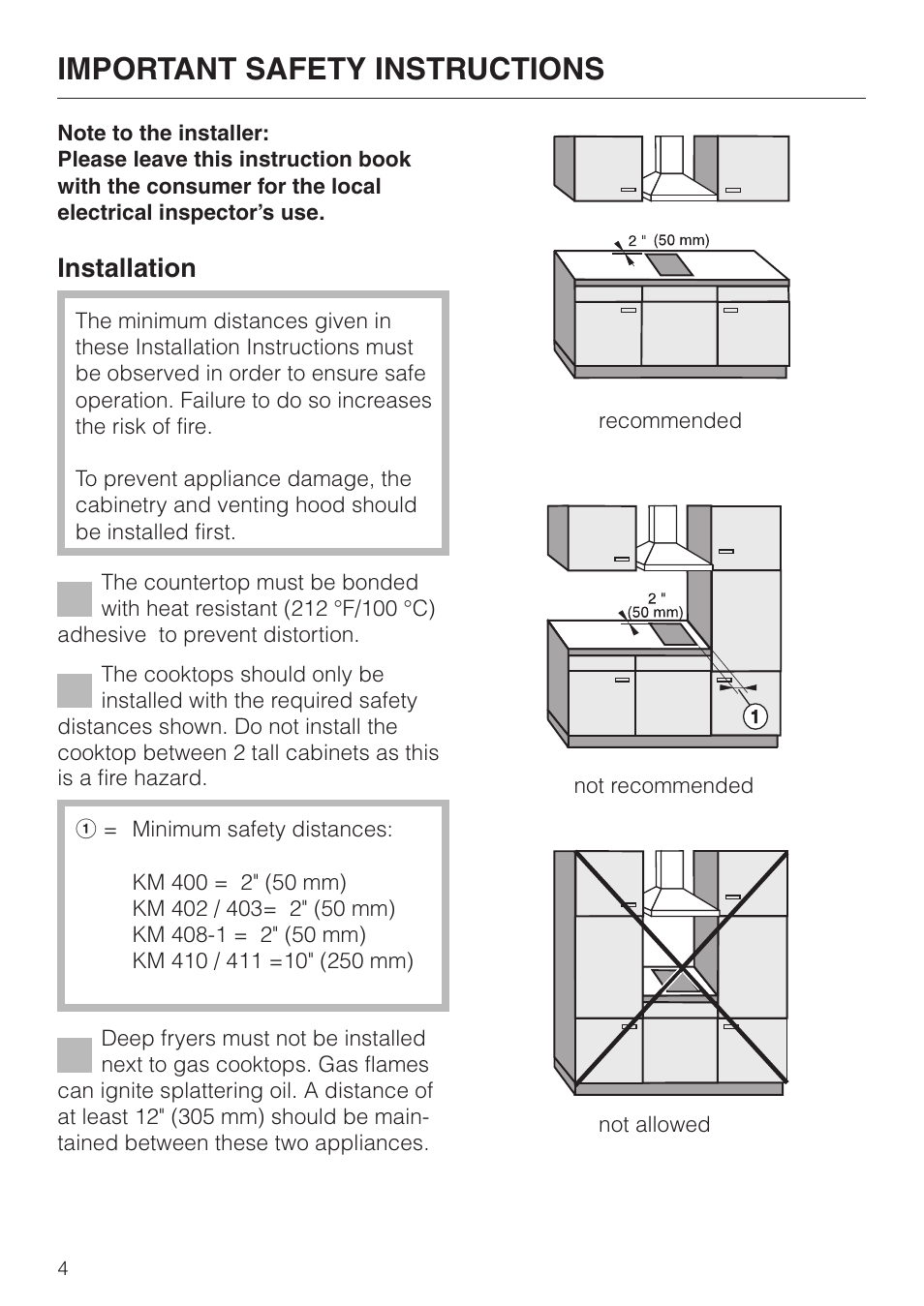 Important safety instructions 4, Installation 4, Important safety instructions installation | Important safety instructions, Installation | Miele KM 403 User Manual | Page 4 / 16