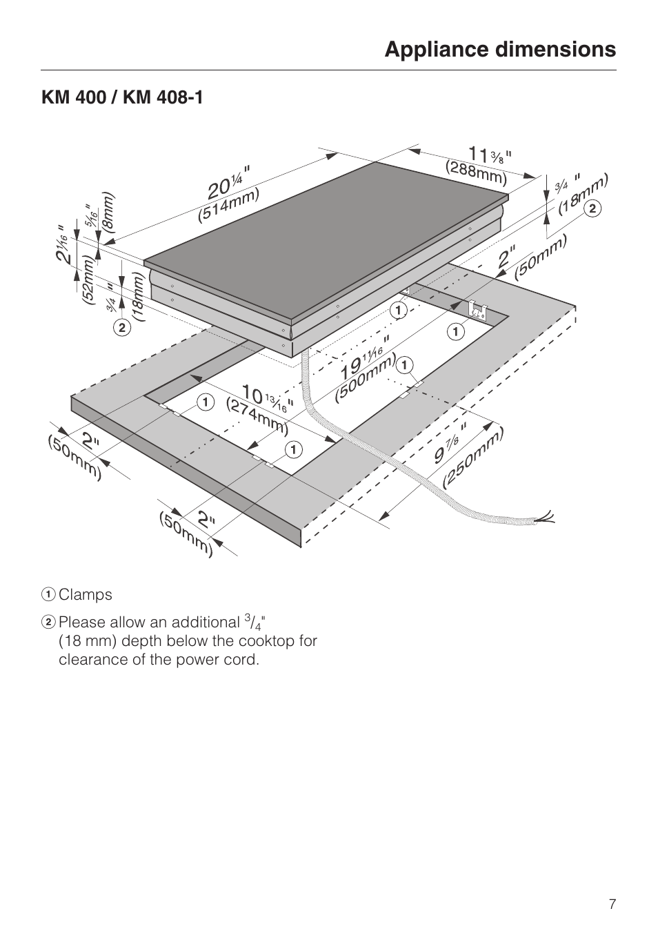 Appliance dimensions 7, Km 400 / km 408-1 7, Appliance dimensions km 400 / km 408-1 | Appliance dimensions | Miele KM 403 User Manual | Page 7 / 16