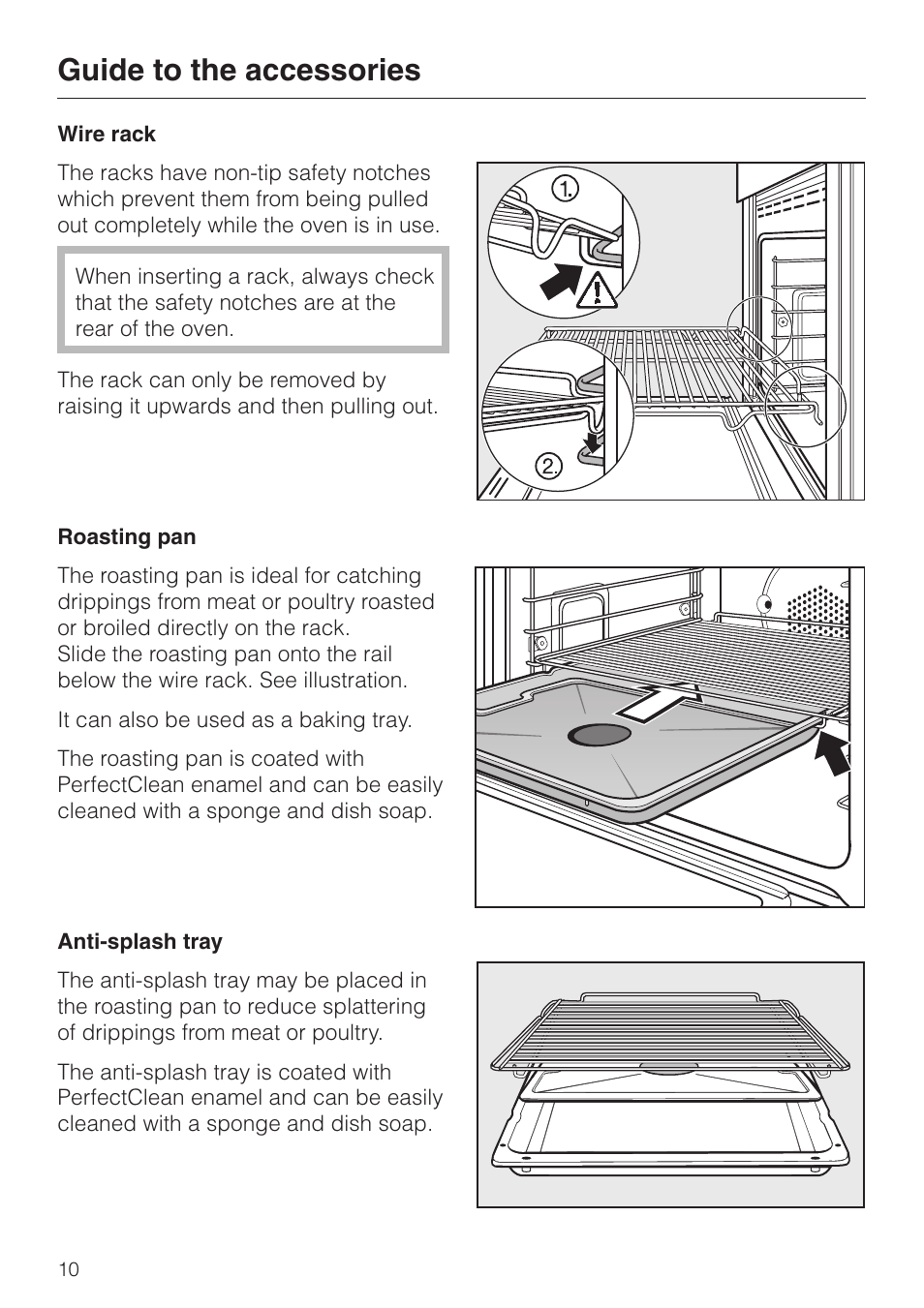 Guide to the accessories 10, Wire rack 10, Roasting pan 10 | Anti-splash tray 10, Guide to the accessories, Wire rack roasting pan anti-splash tray | Miele H398B2 User Manual | Page 10 / 84