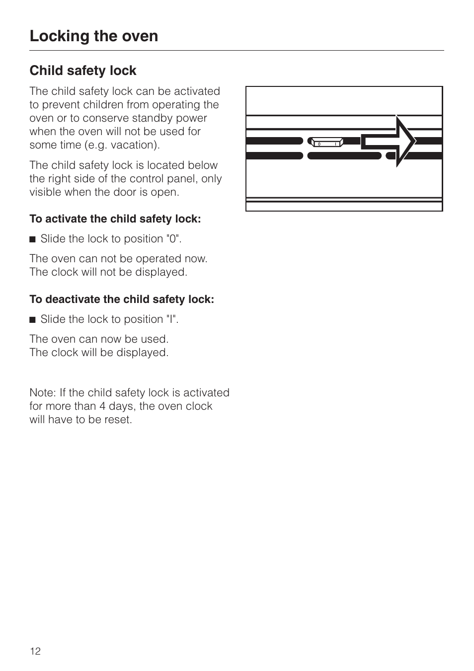 Locking the oven 12, Locking the oven, Child safety lock | Miele H398B2 User Manual | Page 12 / 84