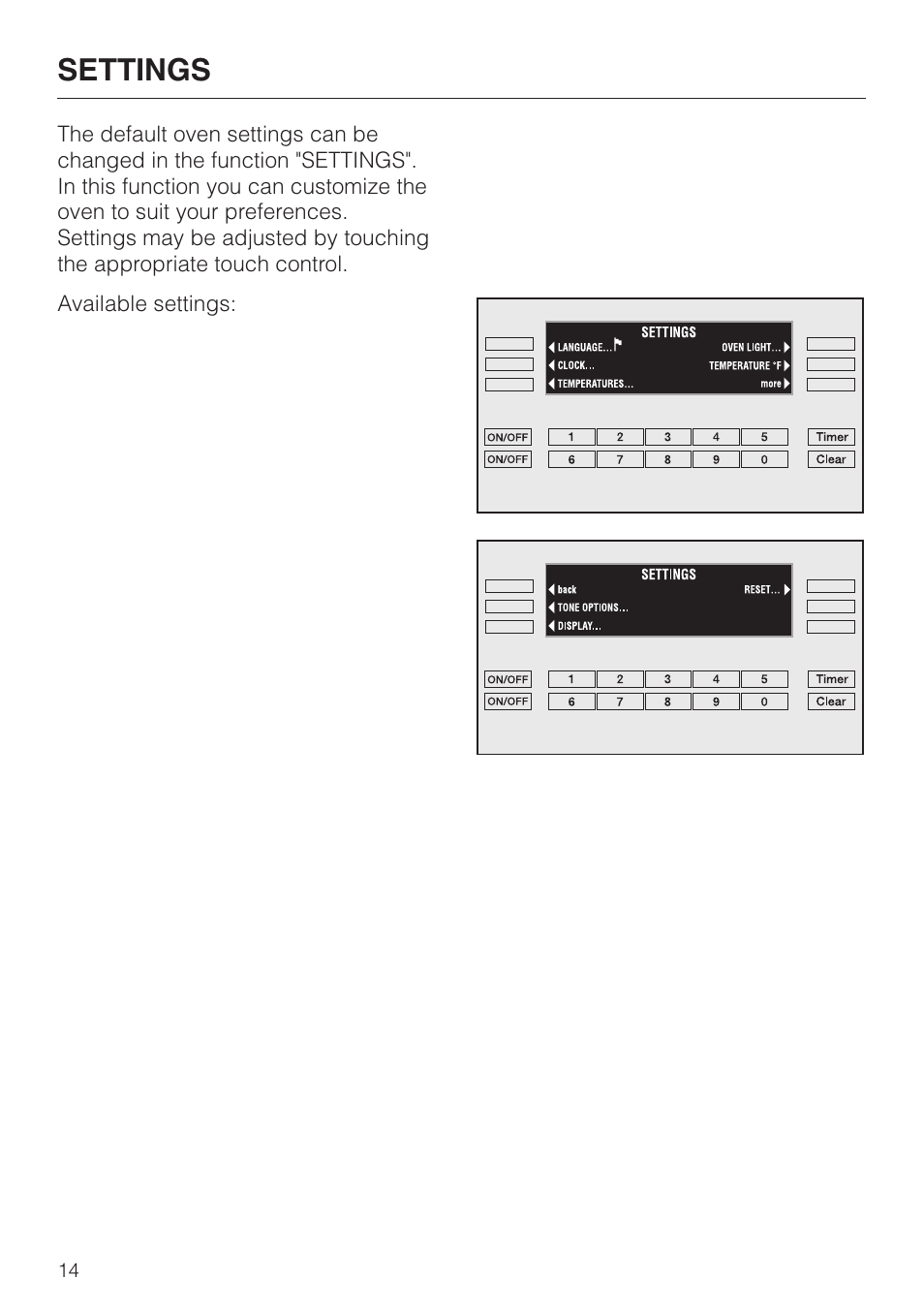 Settings 14, Settings | Miele H398B2 User Manual | Page 14 / 84