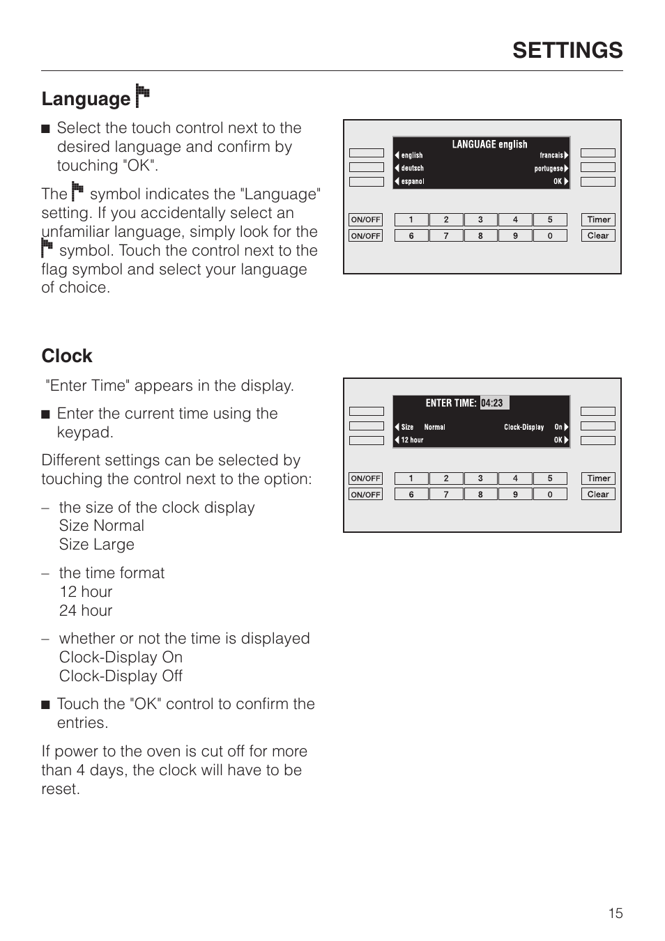 Language f 15, Clock 15, Language | Clock, Settings, Language f | Miele H398B2 User Manual | Page 15 / 84