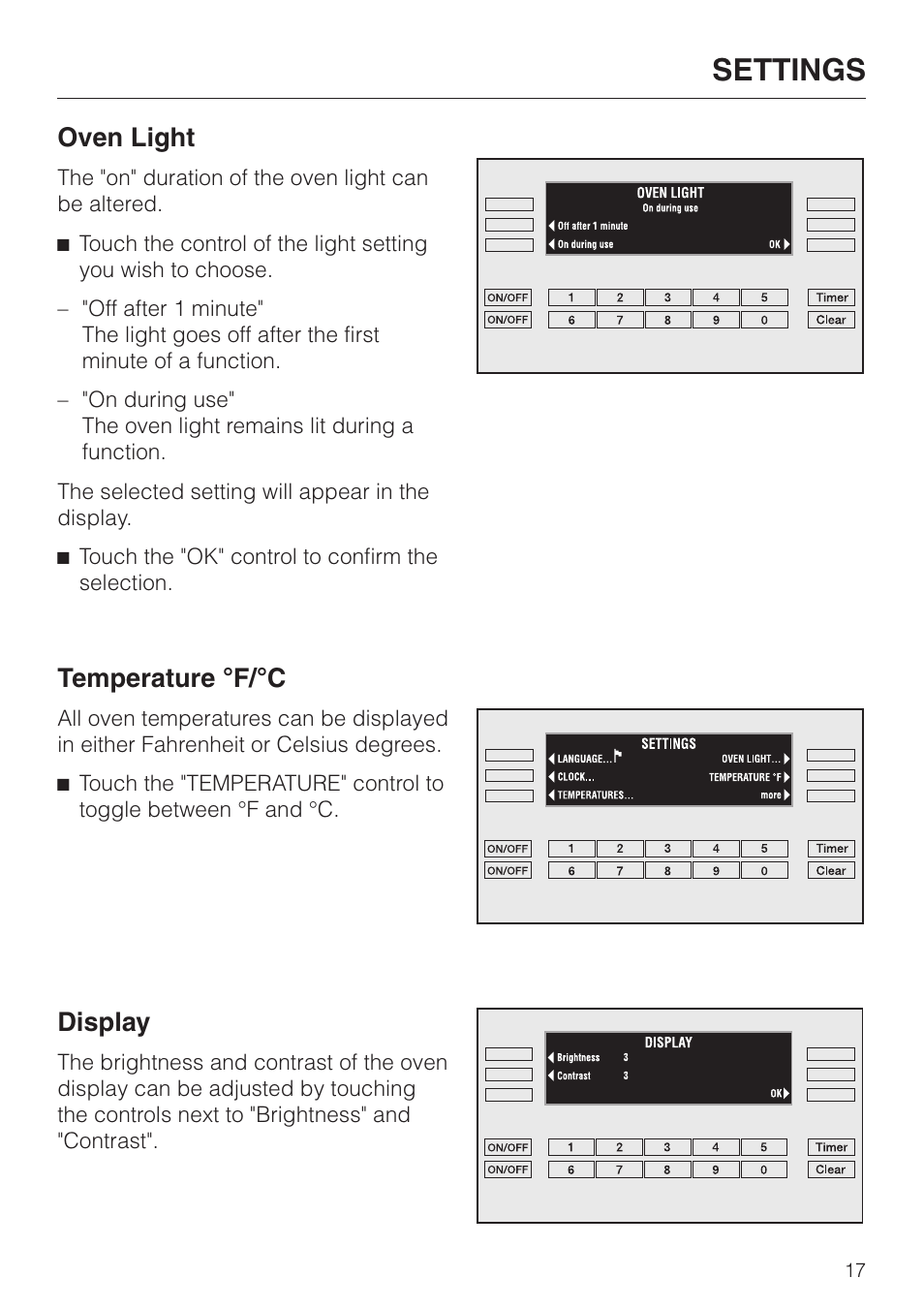 Oven light 17, Temperature °f/°c 17, Display 17 | Oven light temperature °f/°c display, Settings, Oven light, Temperature °f/°c, Display | Miele H398B2 User Manual | Page 17 / 84