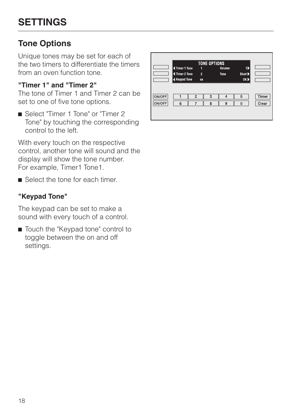 Tone options 18, Tone options, Settings | Miele H398B2 User Manual | Page 18 / 84