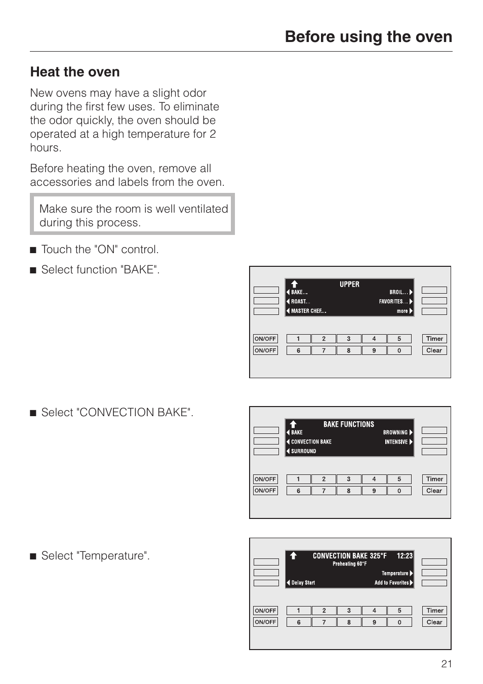 Before using the oven 21, Before using the oven, Heat the oven | Miele H398B2 User Manual | Page 21 / 84