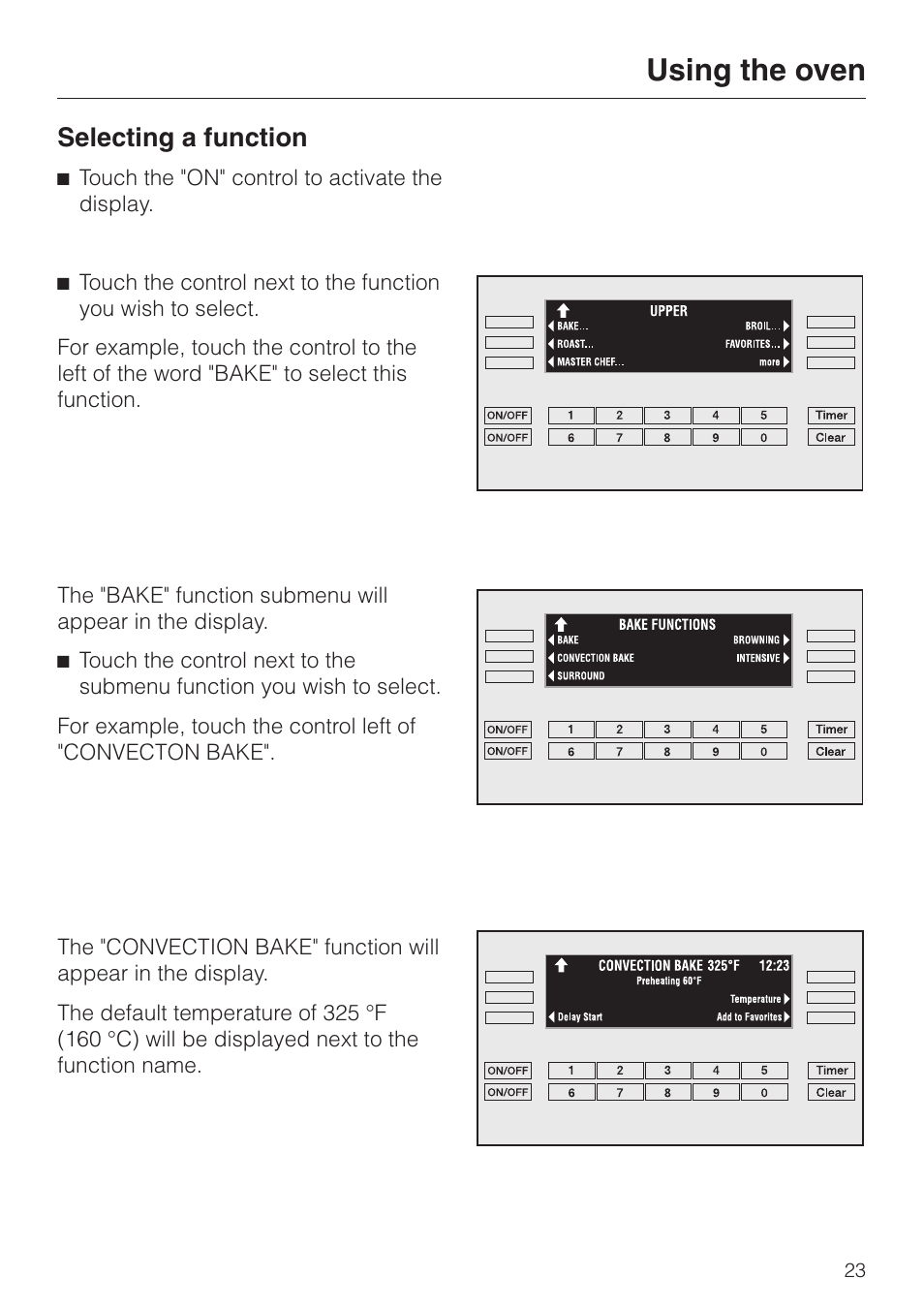 Using the oven 23, Selecting a function 23, Using the oven | Selecting a function | Miele H398B2 User Manual | Page 23 / 84