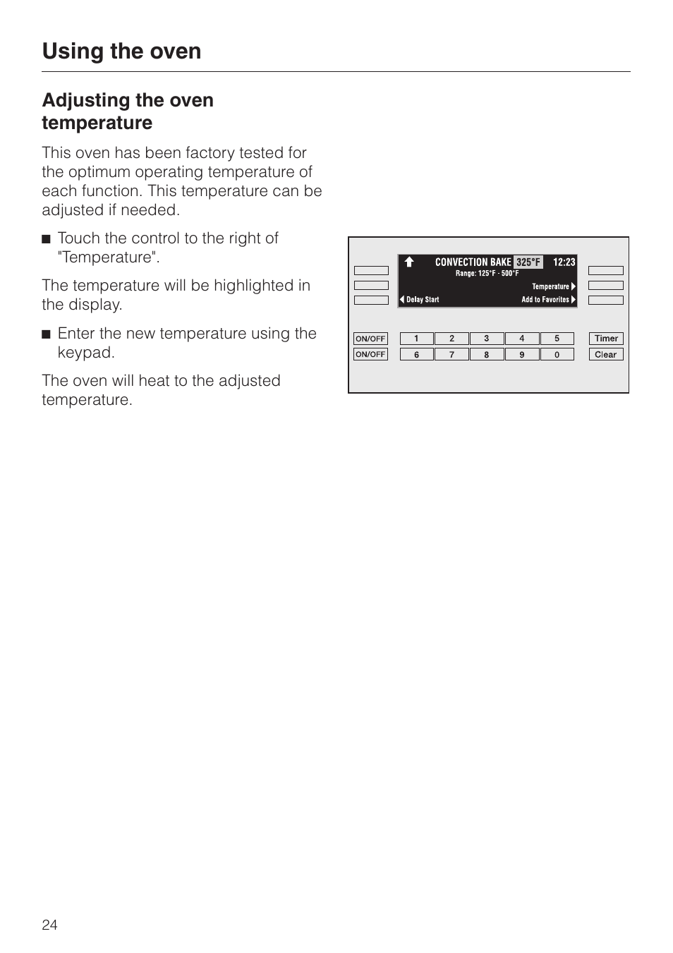 Adjusting the oven temperature 24, Adjusting the oven temperature, Using the oven | Miele H398B2 User Manual | Page 24 / 84