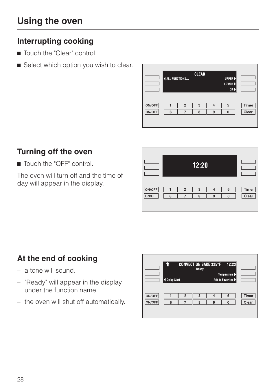 Interrupting cooking 28, Turning off the oven 28, At the end of cooking 28 | Using the oven | Miele H398B2 User Manual | Page 28 / 84