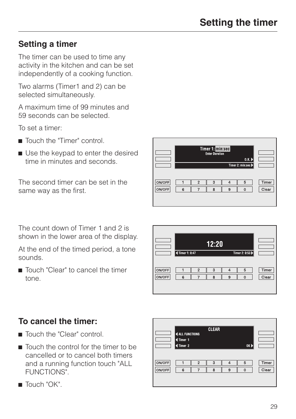 Setting the timer 29, Setting the timer, Setting a timer | Miele H398B2 User Manual | Page 29 / 84