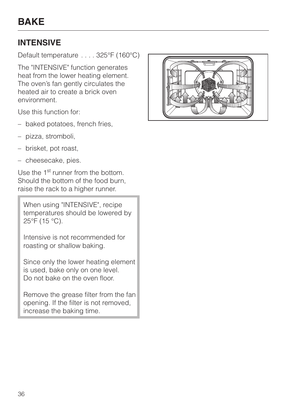 Bake, Intensive | Miele H398B2 User Manual | Page 36 / 84