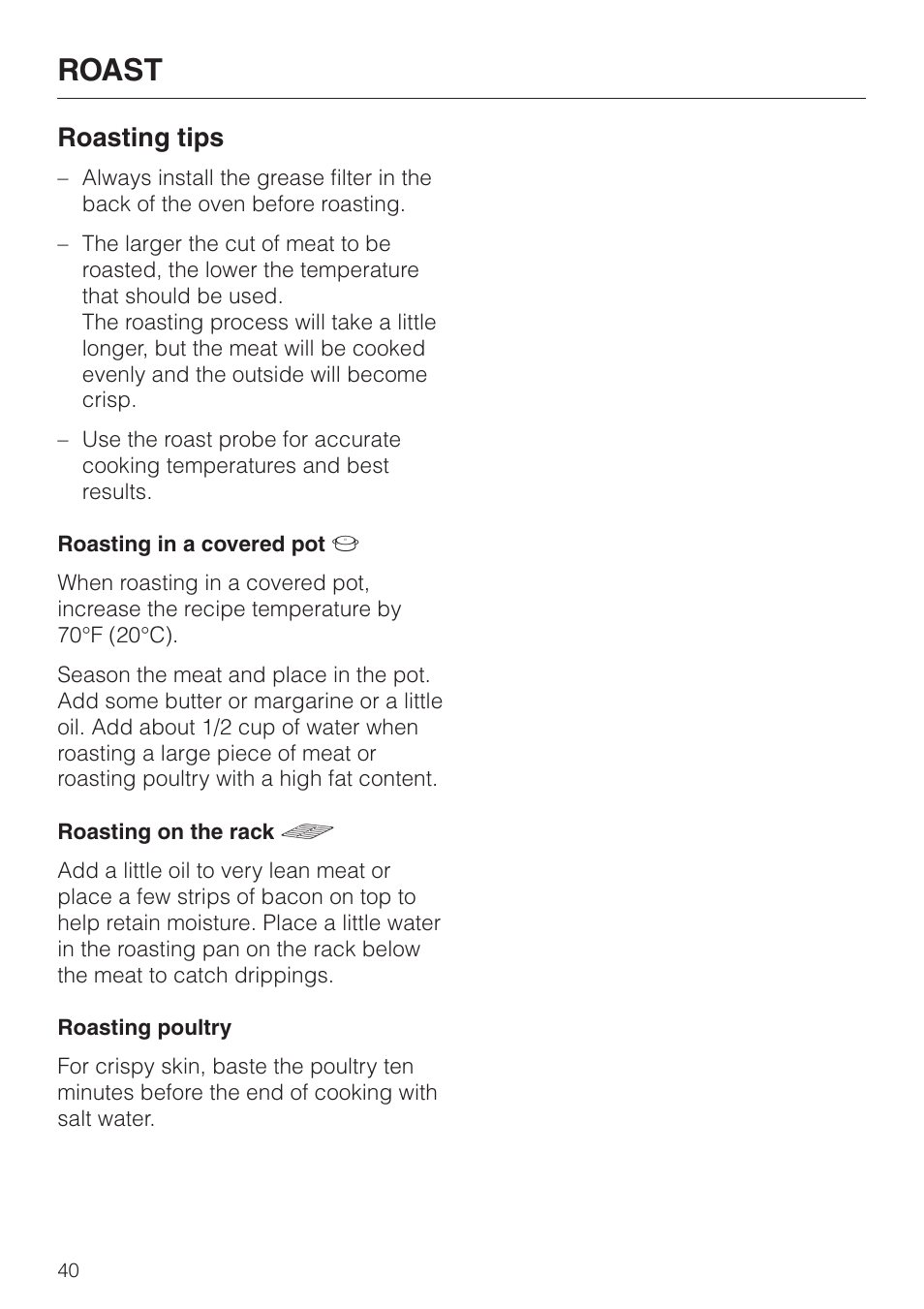 Roasting tips 40, Roasting tips, Roast | Miele H398B2 User Manual | Page 40 / 84