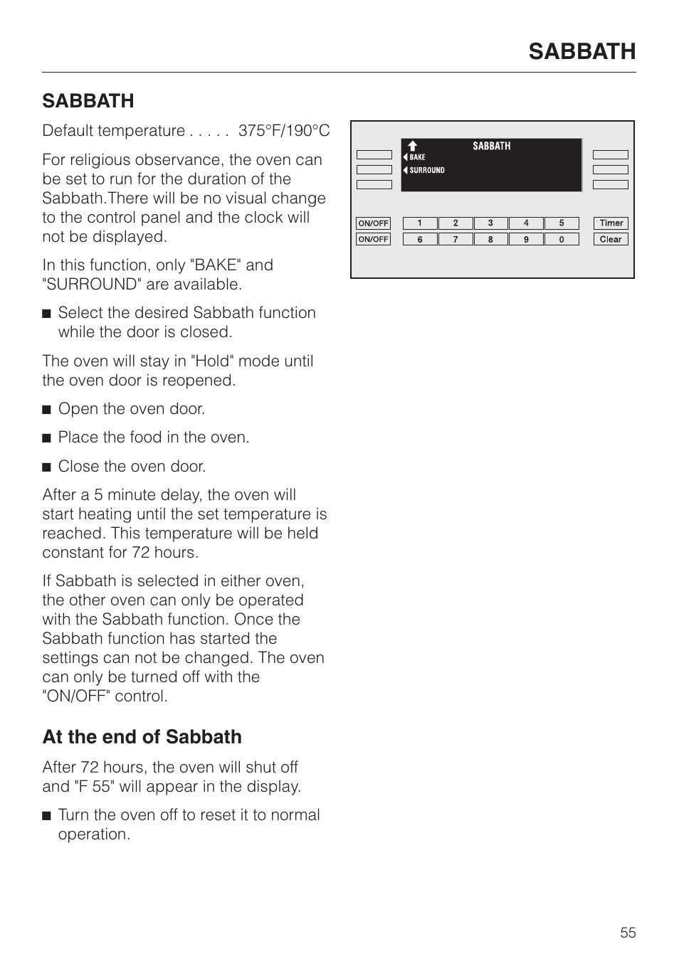 Sabbath 55, Sabbath, At the end of sabbath | Miele H398B2 User Manual | Page 55 / 84