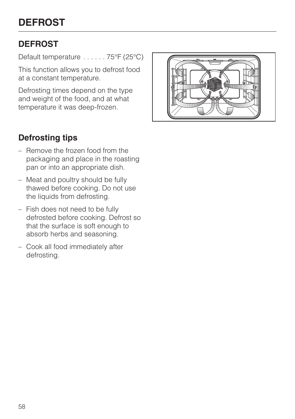 Defrost 58, Defrosting tips 58, Defrost | Defrosting tips | Miele H398B2 User Manual | Page 58 / 84