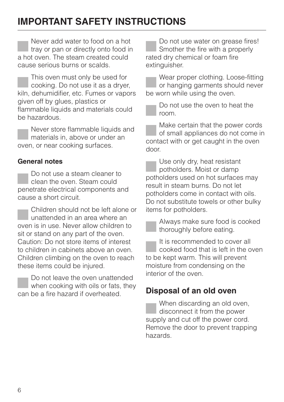 Important safety instructions, Disposal of an old oven | Miele H398B2 User Manual | Page 6 / 84