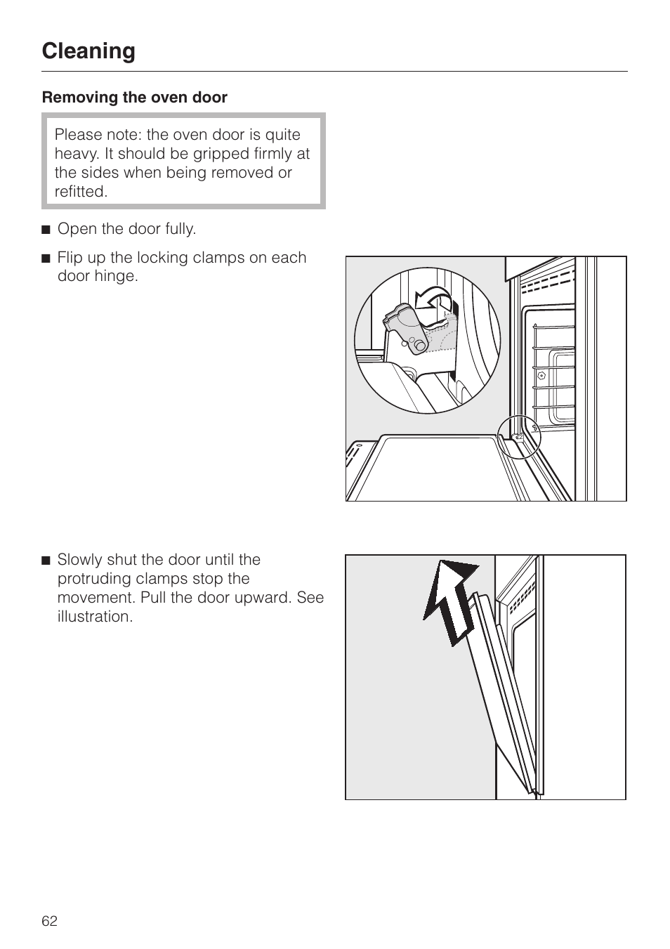 Removing the oven door 62, Removing the oven door, Cleaning | Miele H398B2 User Manual | Page 62 / 84