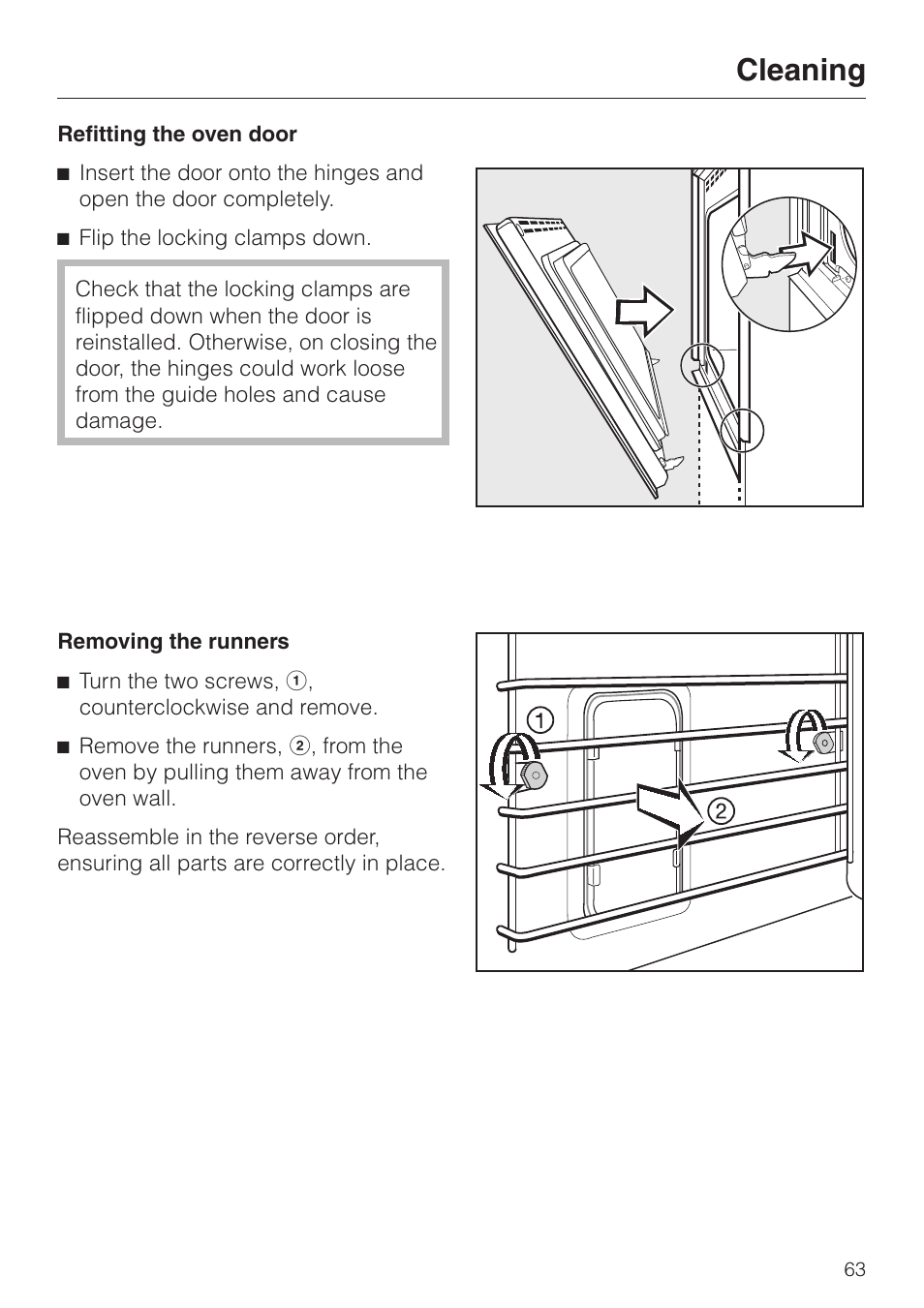 Removing the runners 63, Removing the runners, Cleaning | Miele H398B2 User Manual | Page 63 / 84