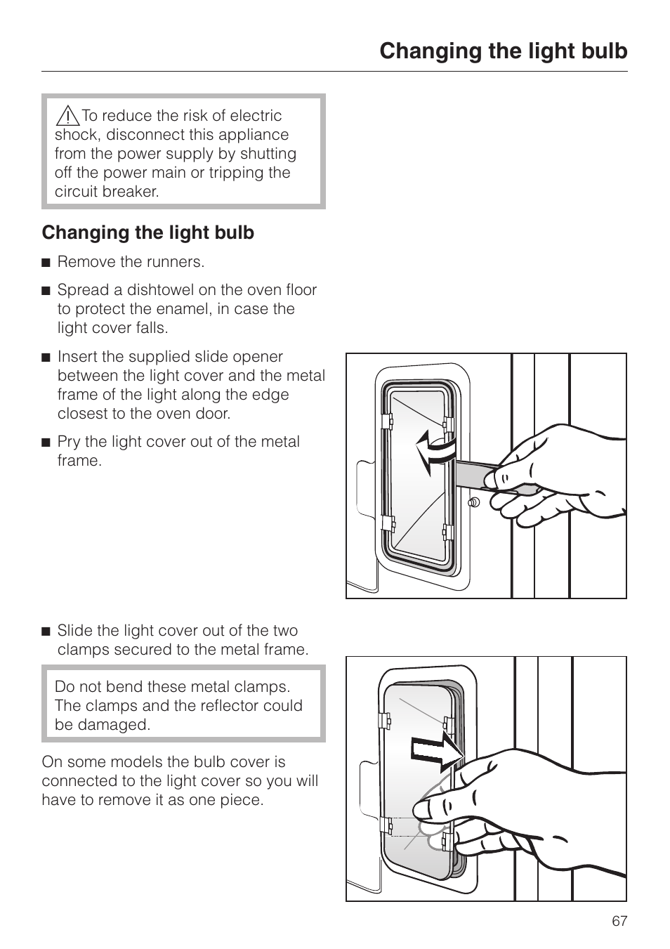 Changing the light bulb 67, Changing the light bulb | Miele H398B2 User Manual | Page 67 / 84