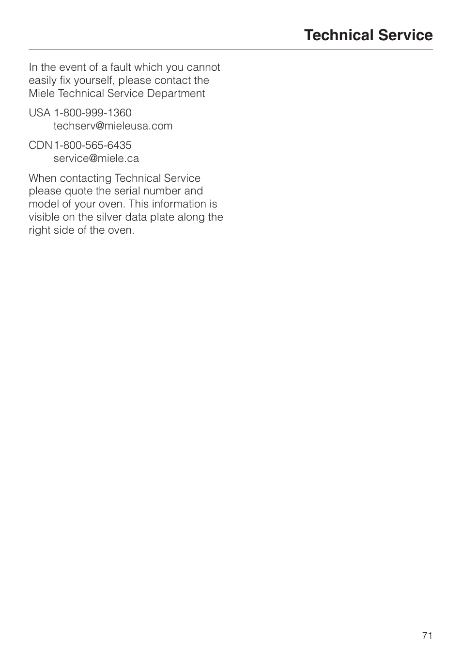 Technical service 71, Technical service | Miele H398B2 User Manual | Page 71 / 84