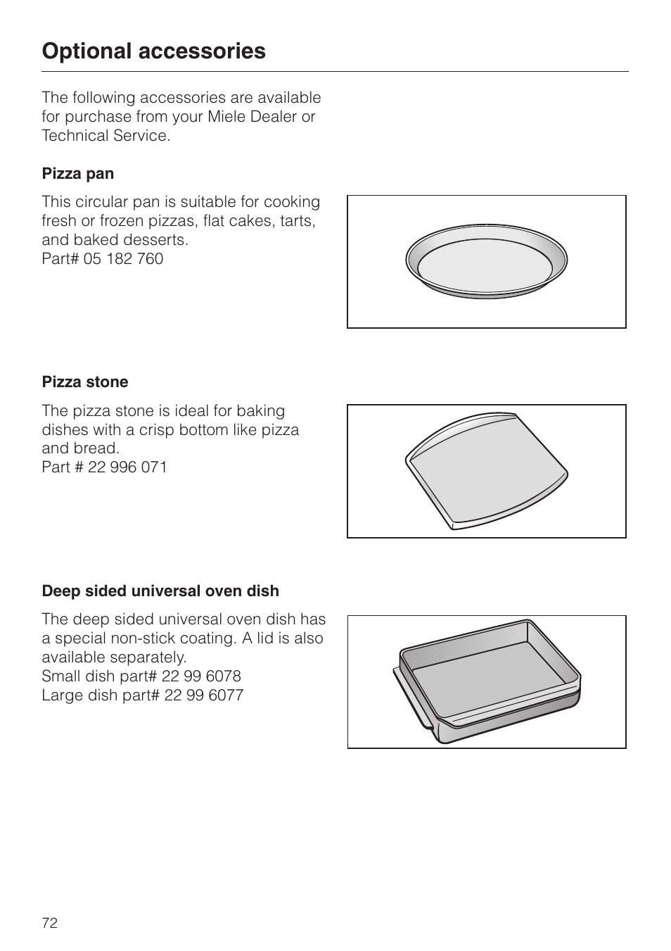 Optional accessories 72, Optional accessories | Miele H398B2 User Manual | Page 72 / 84