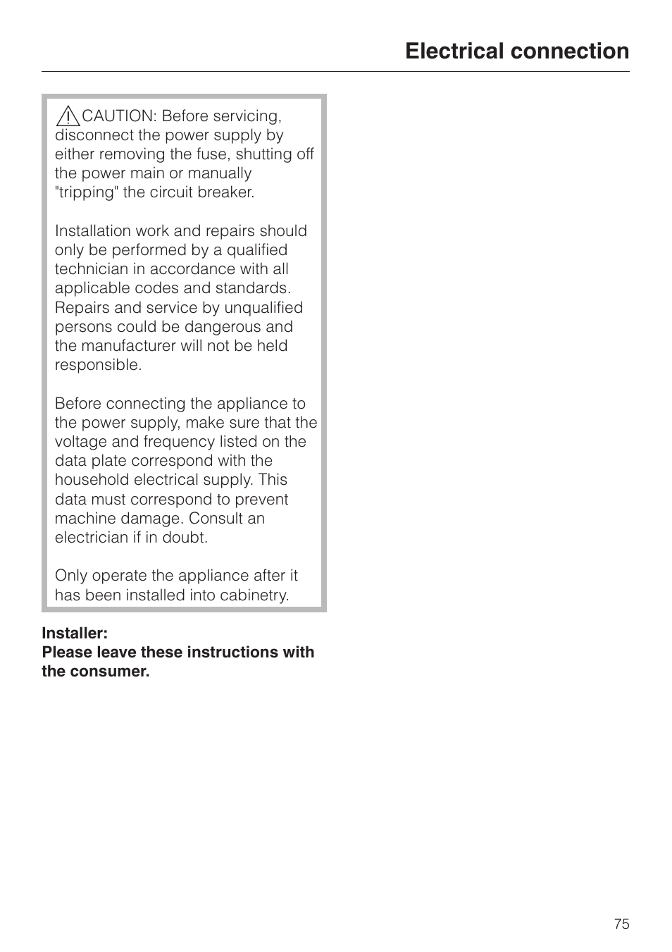 Electrical connection 75, Electrical connection | Miele H398B2 User Manual | Page 75 / 84