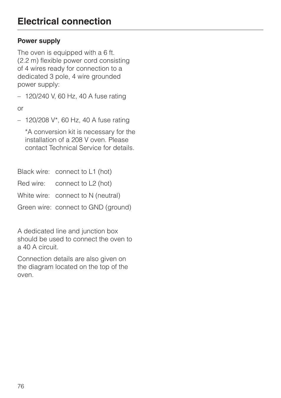 Electrical connection | Miele H398B2 User Manual | Page 76 / 84