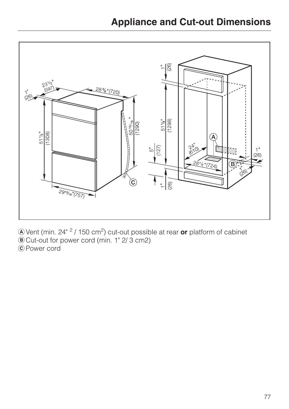 Appliance and cut-out dimensions 77, Appliance and cut-out dimensions | Miele H398B2 User Manual | Page 77 / 84