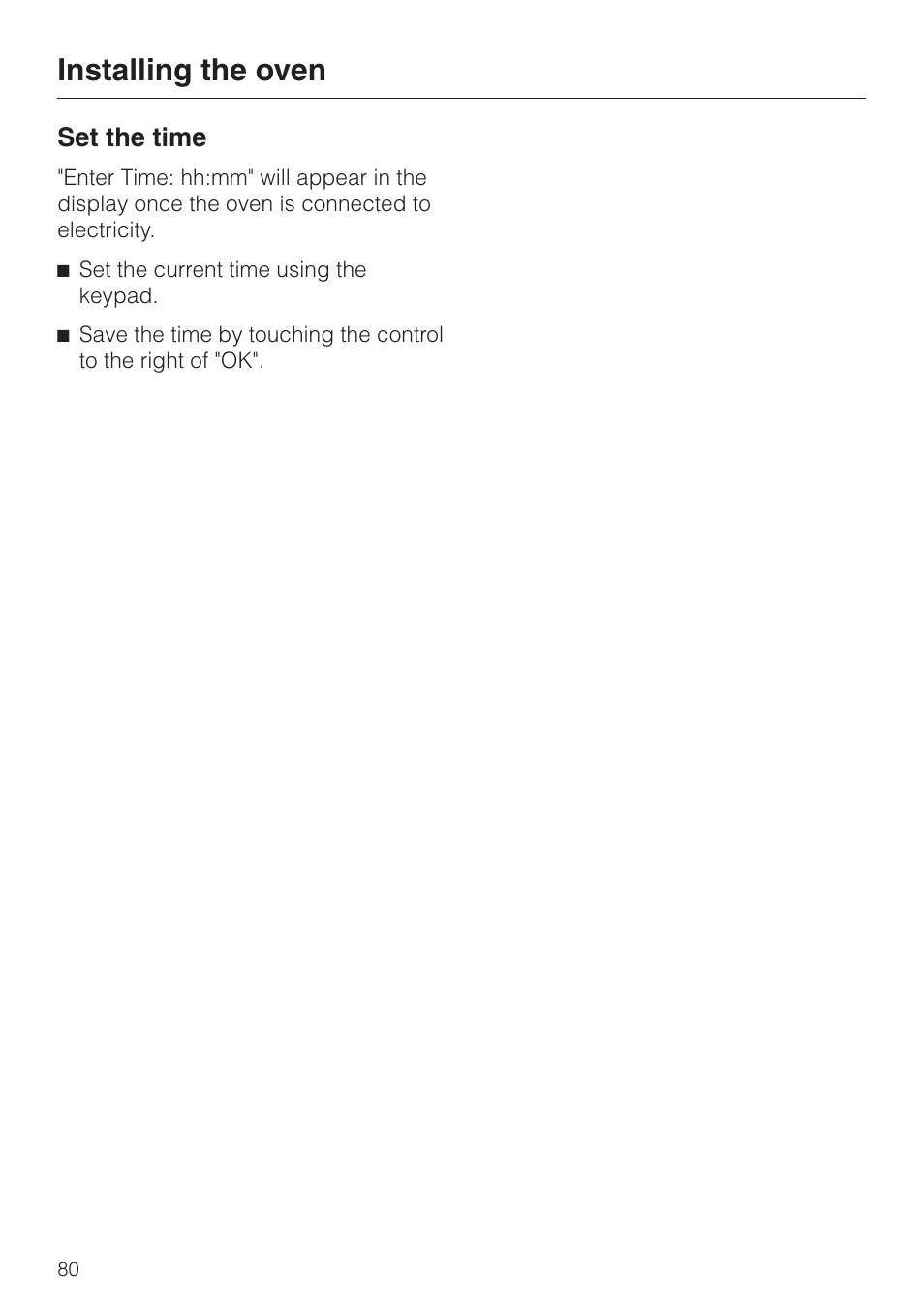Installing the oven, Set the time | Miele H398B2 User Manual | Page 80 / 84