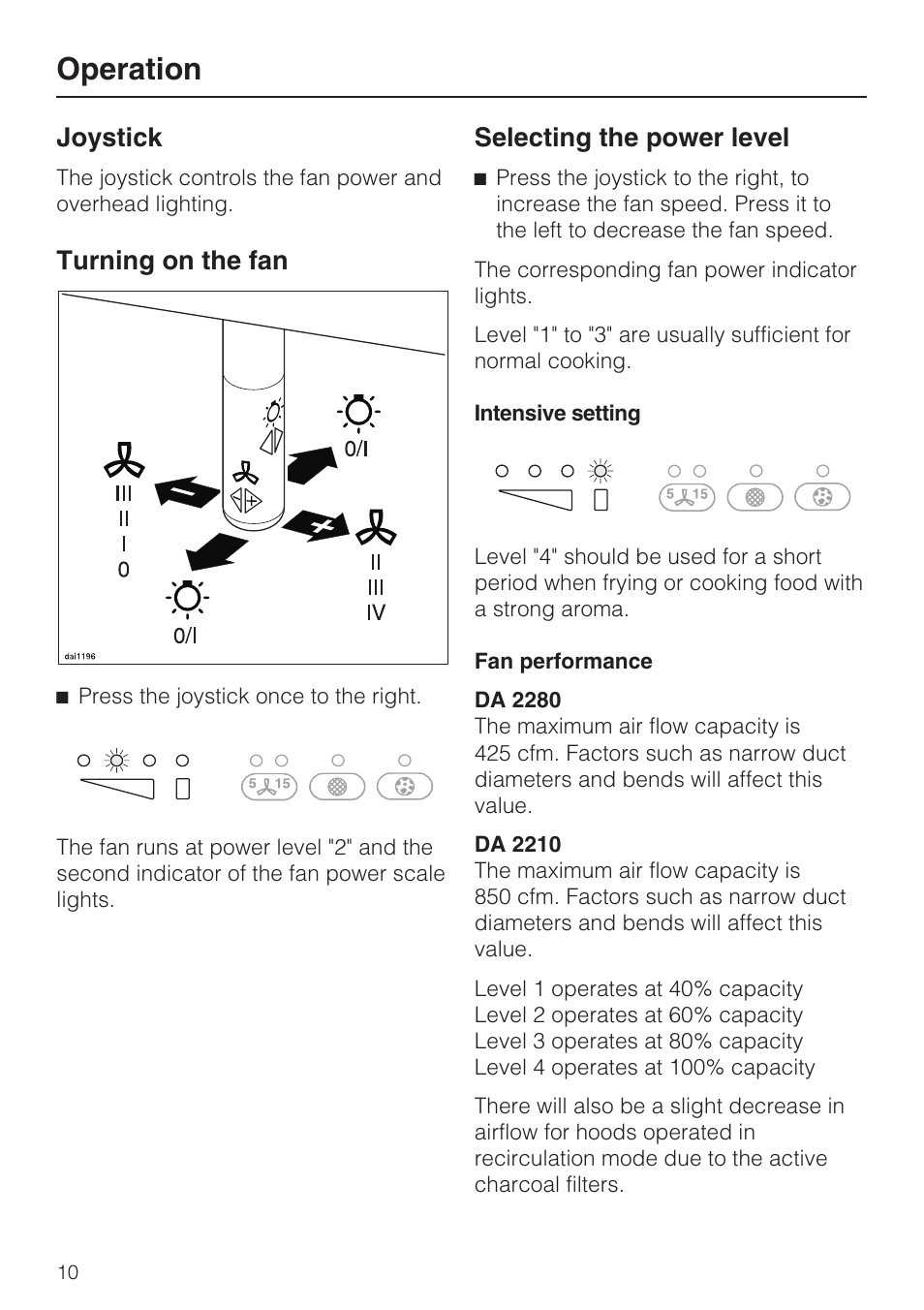 Operation 10, Joystick 10, Turning on the fan 10 | Selecting the power level 10, Operation, Joystick, Turning on the fan, Selecting the power level | Miele DA2210 User Manual | Page 10 / 40
