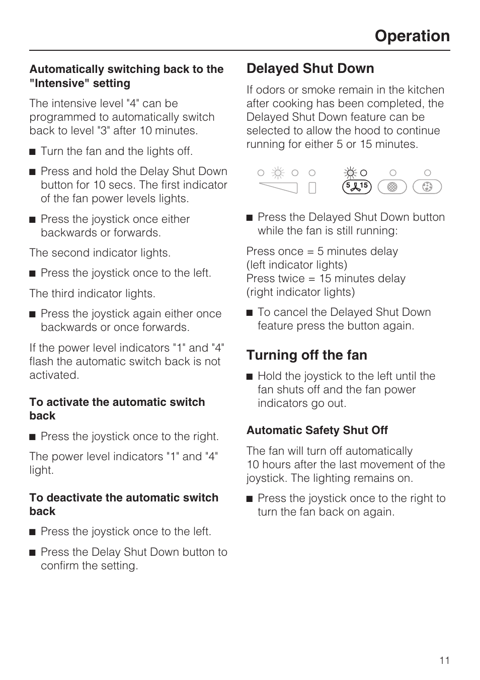 Delayed shut down 11, Turning off the fan 11, Operation | Delayed shut down, Turning off the fan | Miele DA2210 User Manual | Page 11 / 40