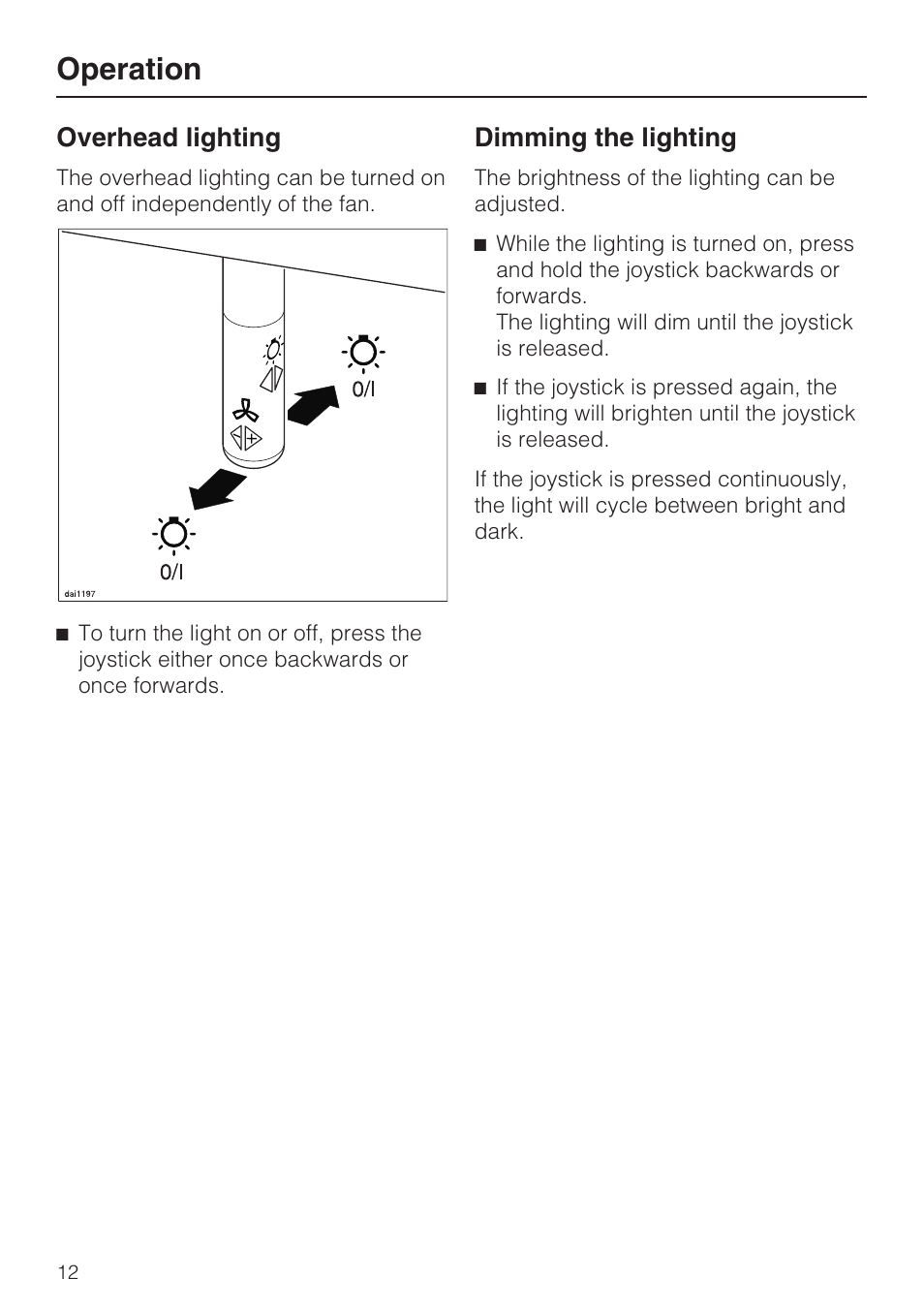 Overhead lighting 12, Operation, Overhead lighting | Dimming the lighting | Miele DA2210 User Manual | Page 12 / 40