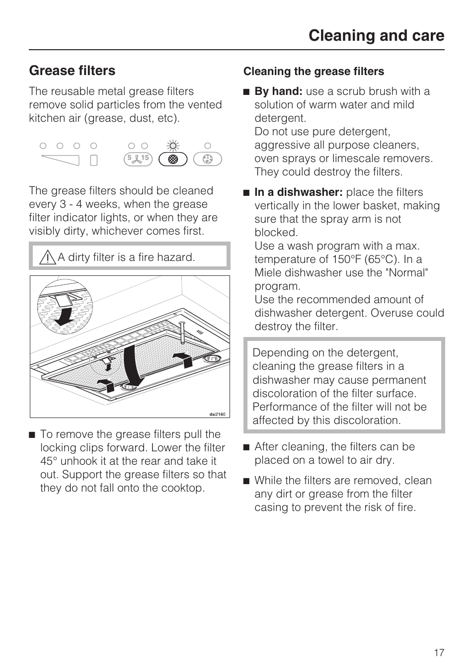 Grease filters 17, Cleaning and care, Grease filters | Miele DA2210 User Manual | Page 17 / 40