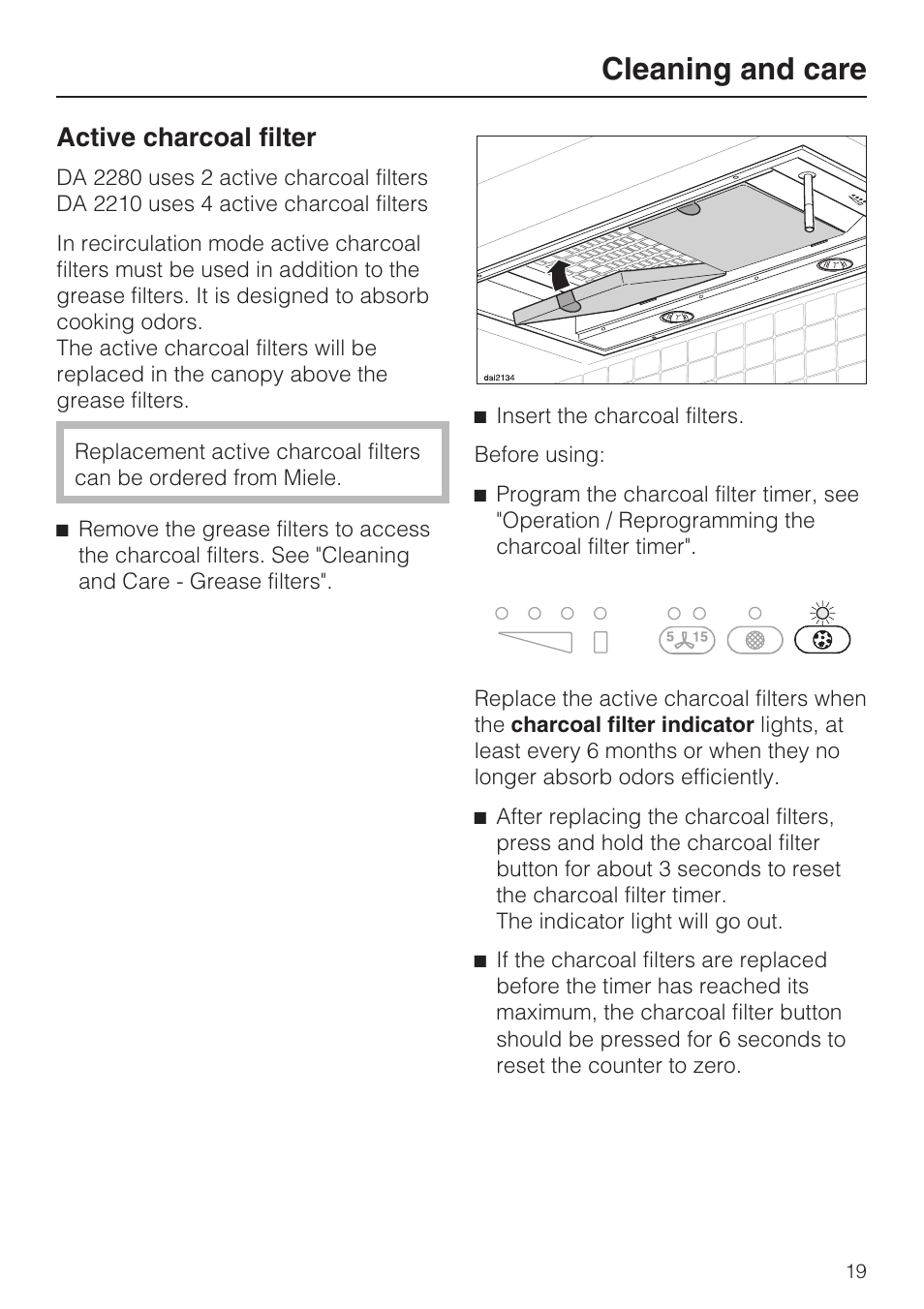 Active charcoal filter 19, Cleaning and care, Active charcoal filter | Miele DA2210 User Manual | Page 19 / 40