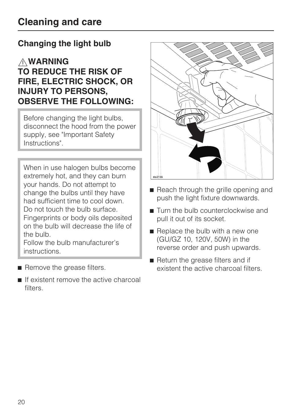 Changing the light bulb 20, Cleaning and care | Miele DA2210 User Manual | Page 20 / 40