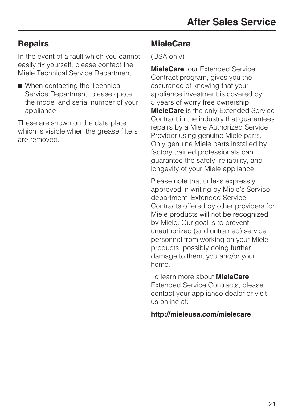 After sales service 21, After sales service, Repairs | Mielecare | Miele DA2210 User Manual | Page 21 / 40